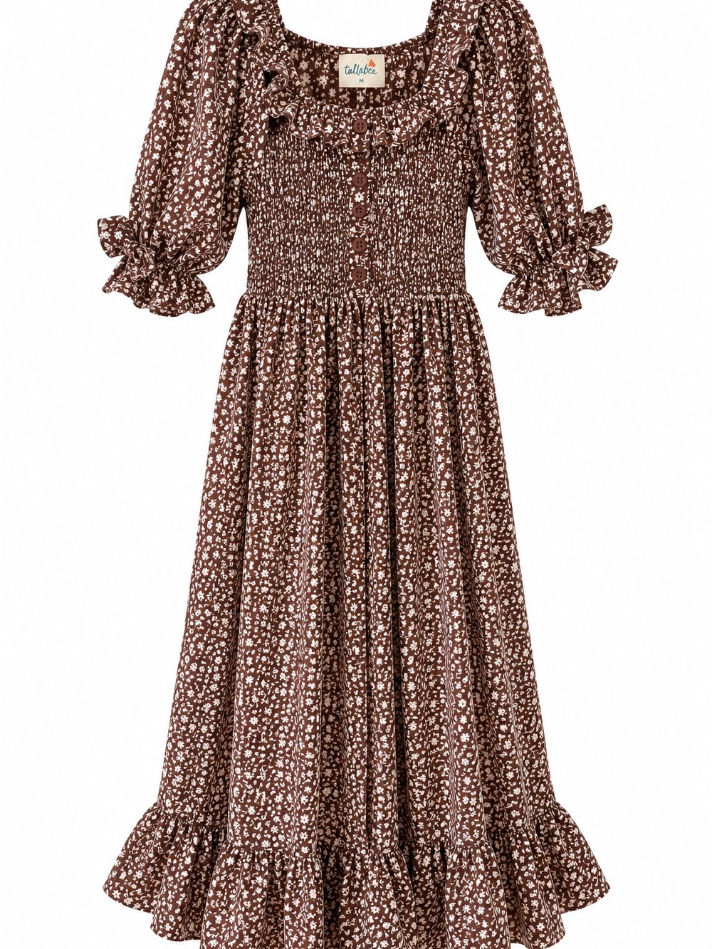 Tallabee Brown Floral Smocked Midi Dress